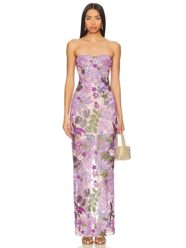 VESTIDO DE NOCHE LARGO CON ESTAMPADO DE LENTEJUELAS DE FLORES