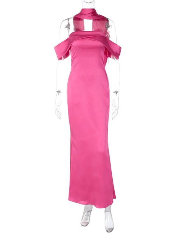 VESTIDO LARGO DE SATÍN CON HOMBROS DESCUBIERTOS Y DETALLE EN CUELLO - Image 7